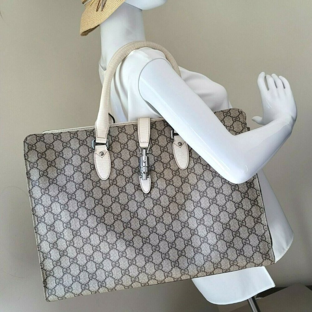 Gucci Jackie GG Supreme Canvas Ivory Leather Large Tote Computer Hand Bag Auth - Picture 10 of 12